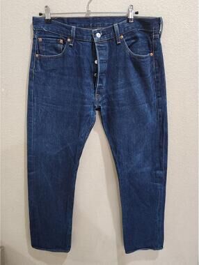 2020 Levis 501 Button Fly Jeans Mens 36x34 (34x31) Dark Blue Denim Straight Leg